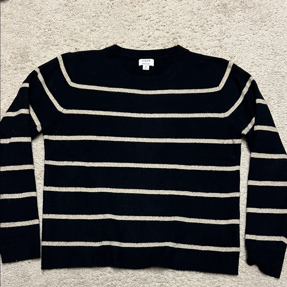 J. Crew Factory Women's Black and Metallic Gold Striped Crewneck Sweater